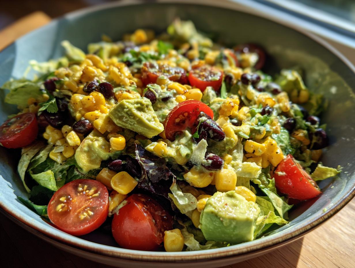 A vibrant summer salad featuring grilled corn, avocado, black beans, and cherry tomatoes with an avocado lime dressing.