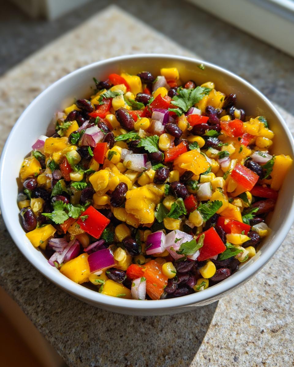 A vibrant bowl of Summer Salad Recipes With Mango Black Bean Picnic Salad, featuring mango, black beans, corn, red bell peppers, and red onion.