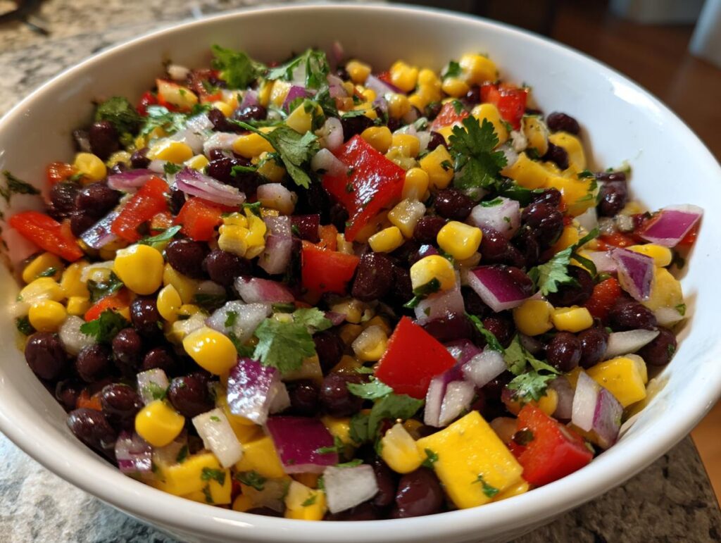 A vibrant bowl of Summer Salad Recipes With Mango Black Bean Picnic Salad, featuring black beans, corn, mango, red bell pepper, and red onion.