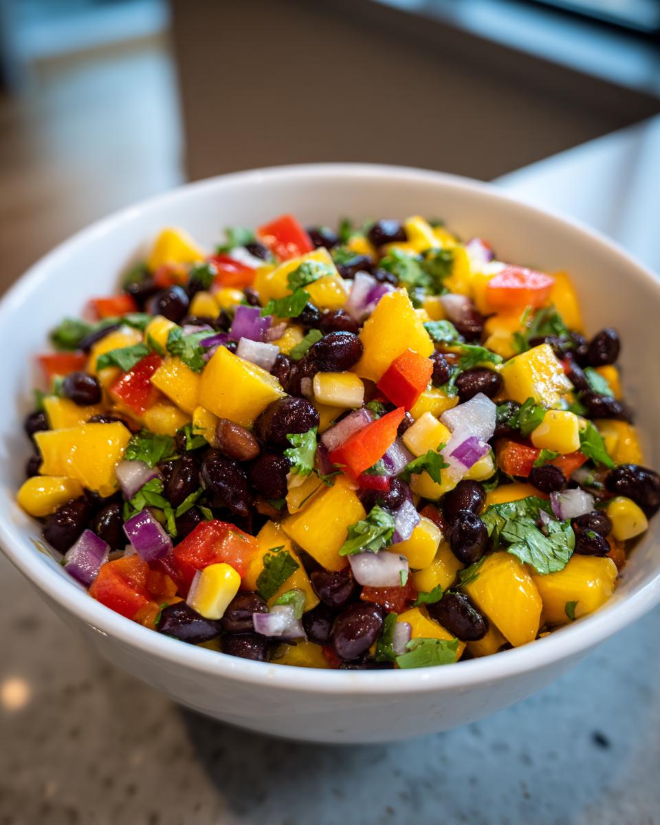Close-up of a vibrant Summer Salad Recipe with Mango Black Bean filling a white bowl, featuring chunks of mango, black beans, corn, red pepper, and cilantro.