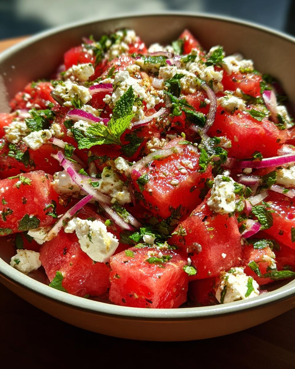 Close-up of a vibrant summer salad featuring cubed watermelon, crumbled feta cheese, fresh mint, and red onion.