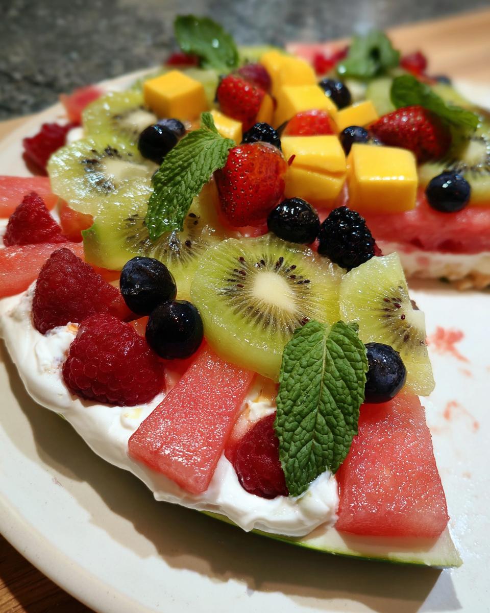 A slice of watermelon fruit pizza topped with whipped cream, kiwi, strawberries, blueberries, raspberries, mango, and mint.