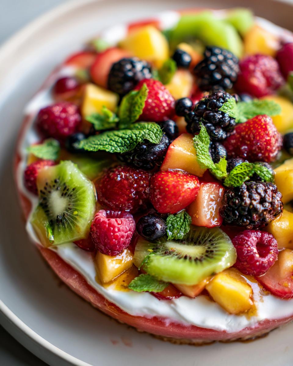 A refreshing watermelon slice topped with cream cheese, fresh berries, kiwi, pineapple, and mint for a summer dessert.