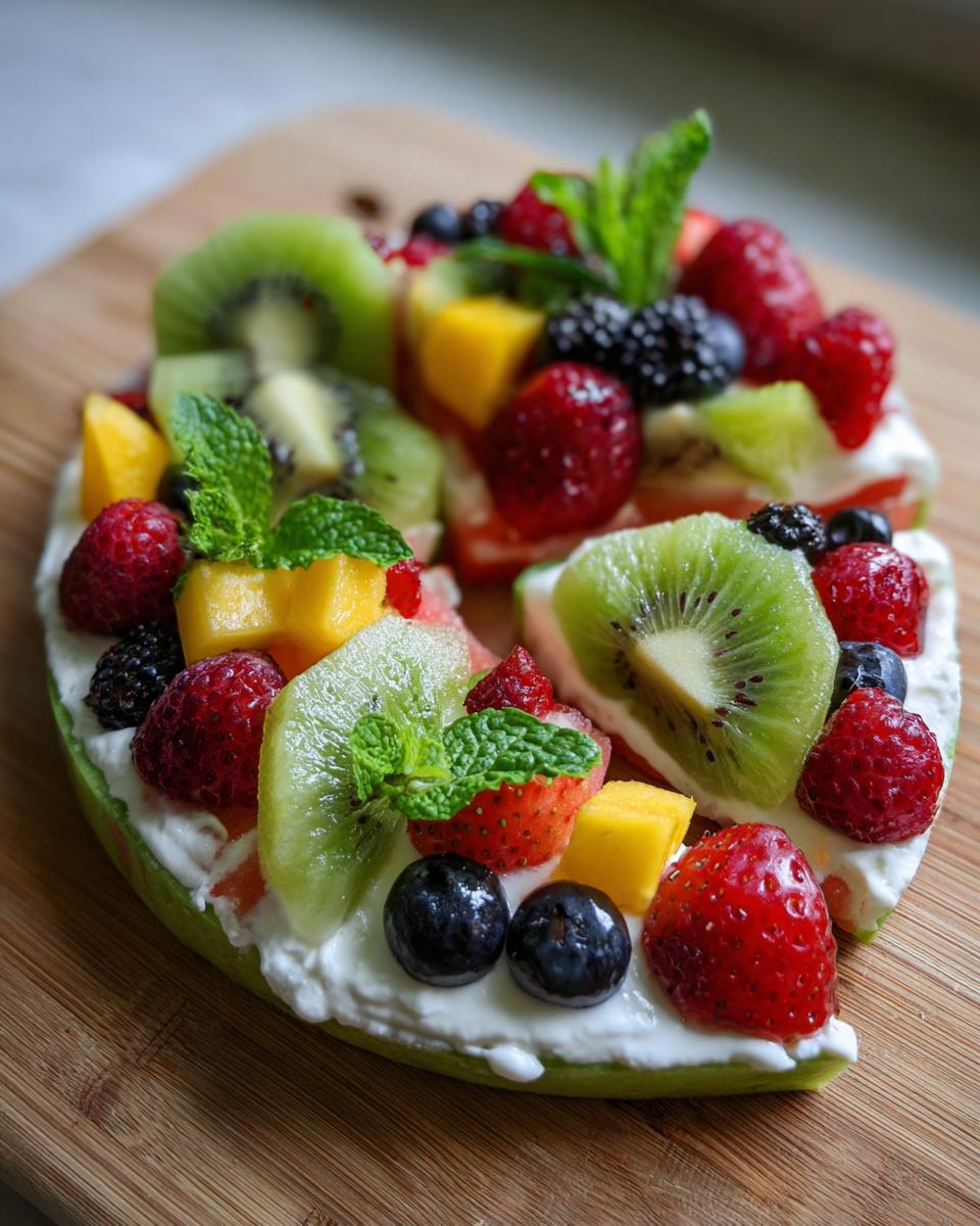 A refreshing Watermelon Berry Fruit Pizza for Summer Dessert, topped with cream cheese, kiwi, strawberries, blueberries, raspberries, blackberries, and mango.
