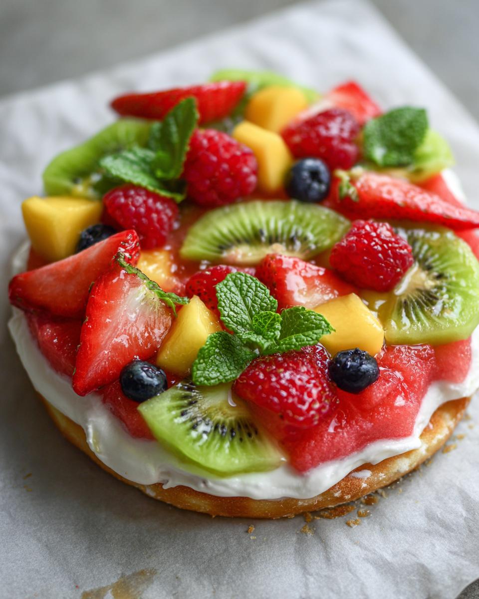 A vibrant Watermelon Berry Fruit Pizza for Summer Dessert, topped with fresh strawberries, kiwi, mango, raspberries, blueberries, and mint.