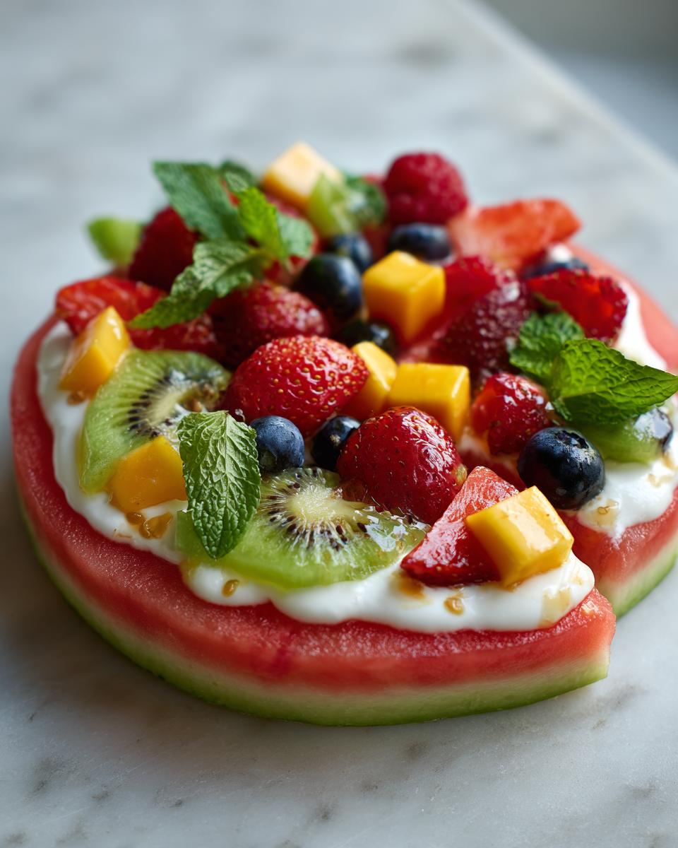 A refreshing watermelon fruit pizza topped with yogurt, strawberries, blueberries, kiwi, mango, and mint.