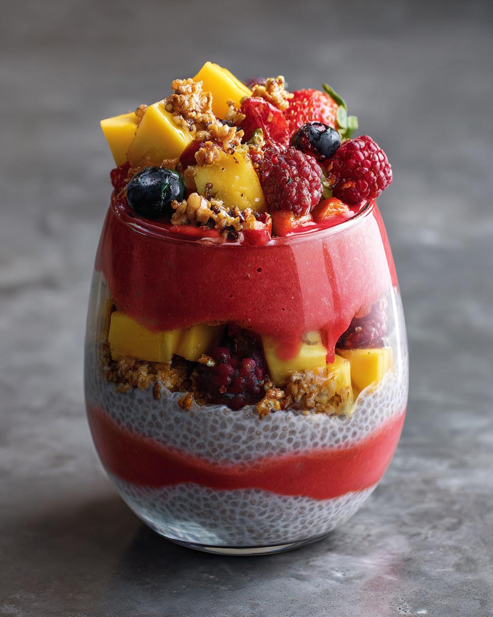 A layered Watermelon Chia Parfait in a glass, featuring chia pudding, fruit puree, mango, berries, and granola.