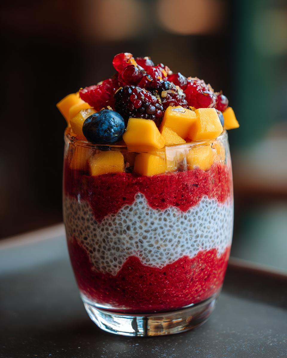 A layered chia parfait with watermelon puree, chia pudding, and fresh fruit toppings like mango, blueberries, and raspberries.