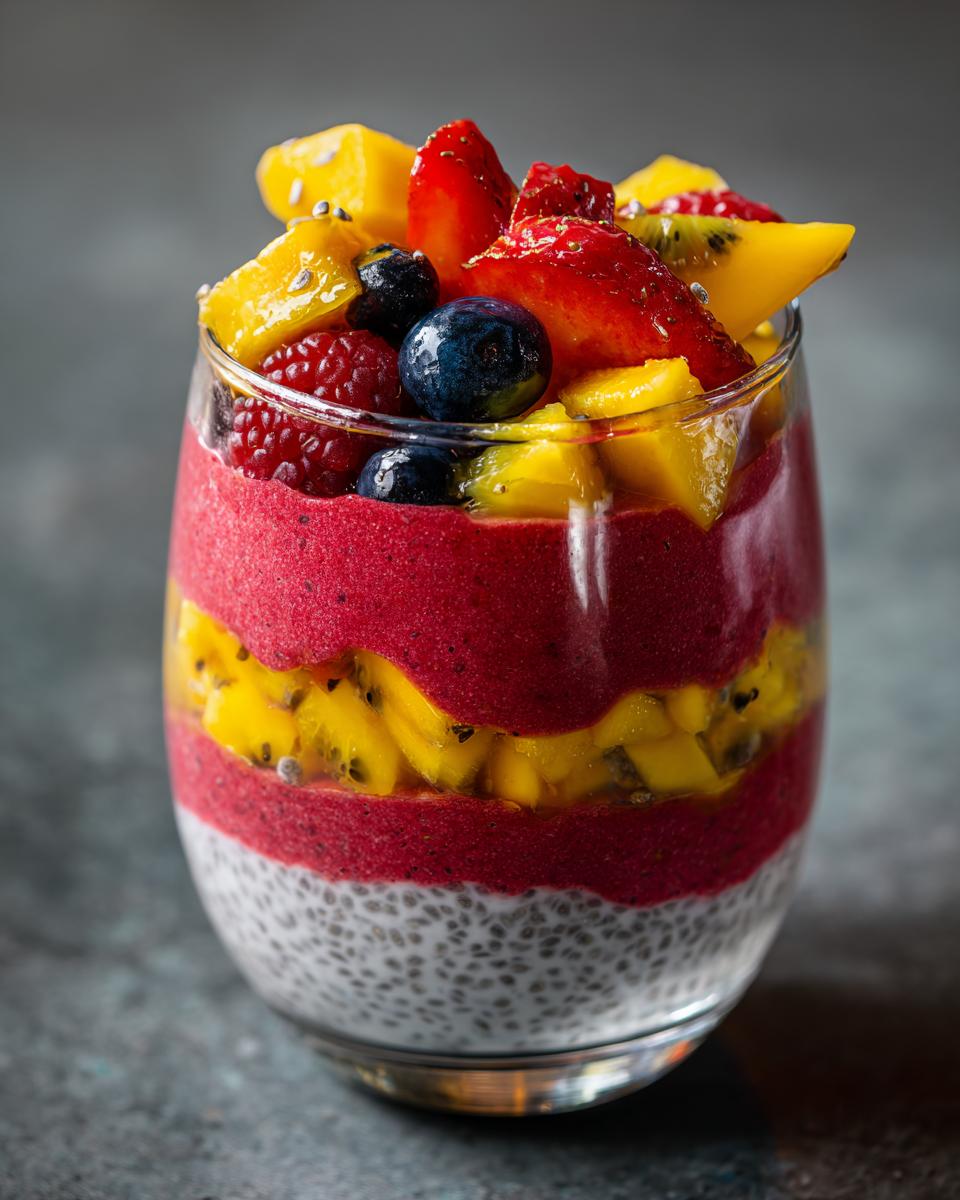 A vibrant chia parfait layered with watermelon puree, mango, and mixed berries, showcasing a healthy and refreshing watermelon recipe.