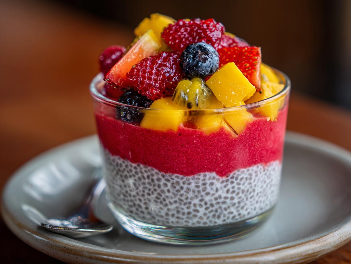 A refreshing watermelon recipe parfait with layers of chia pudding, fruit puree, and fresh fruit.