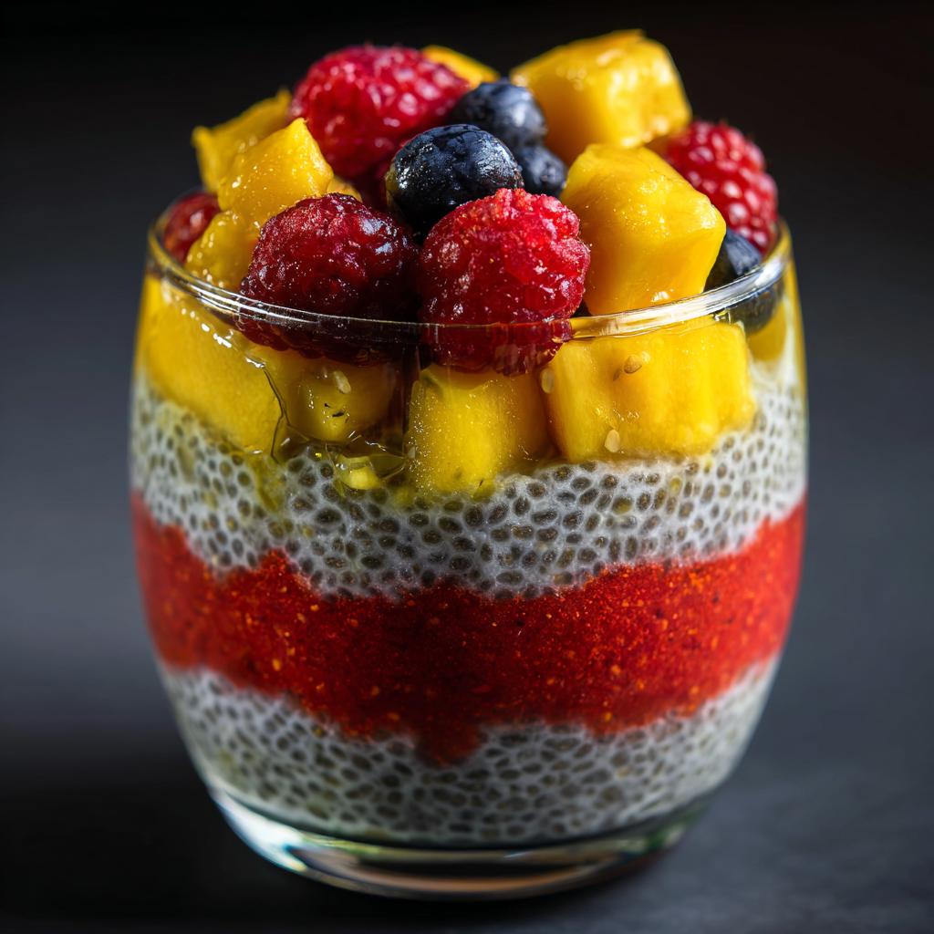 Close-up of a layered chia parfait with watermelon puree, chia pudding, and fresh fruit toppings.