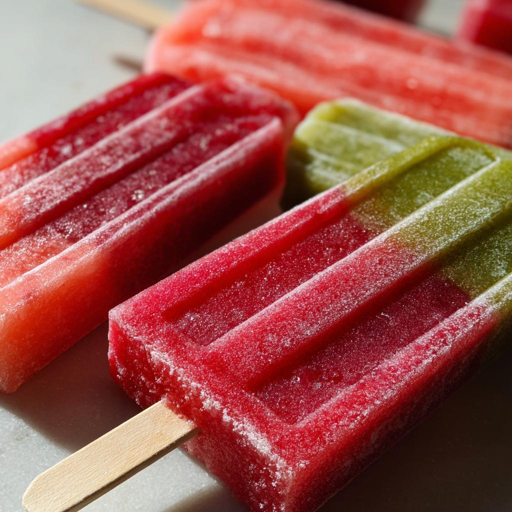 Close-up of colorful watermelon coconut lime popsicles, perfect for kids, with a frosty texture.