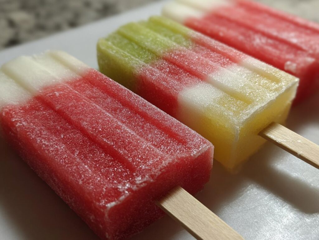 Close-up of three colorful watermelon recipes with coconut lime popsicles, perfect for kids.