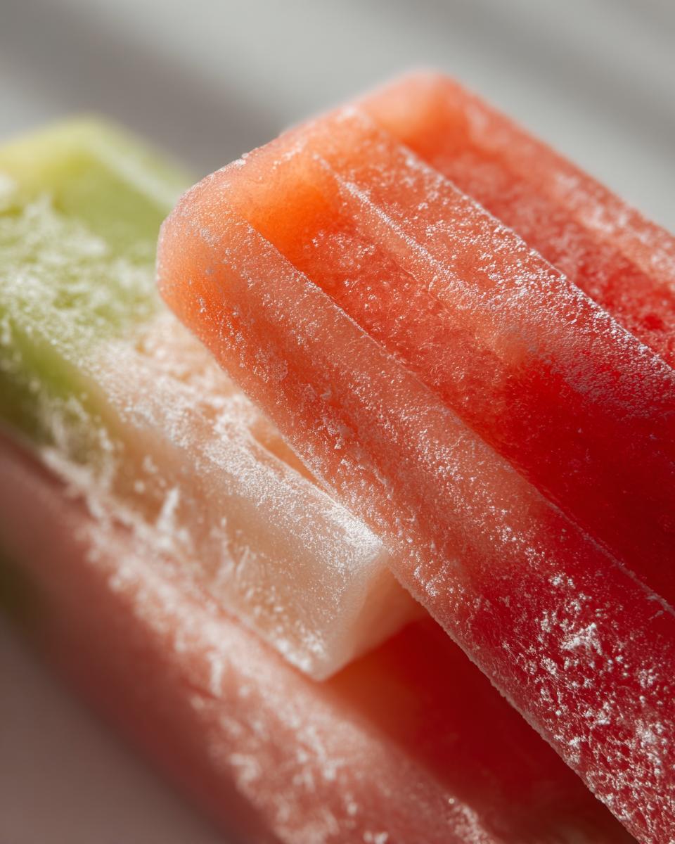 Close-up of stacked watermelon popsicles with coconut and lime flavors, perfect for kids.