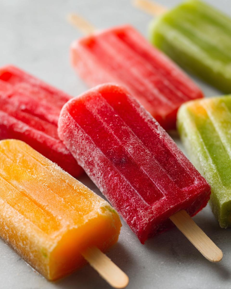 Close-up of colorful fruit popsicles, including watermelon, coconut lime, and orange flavors.