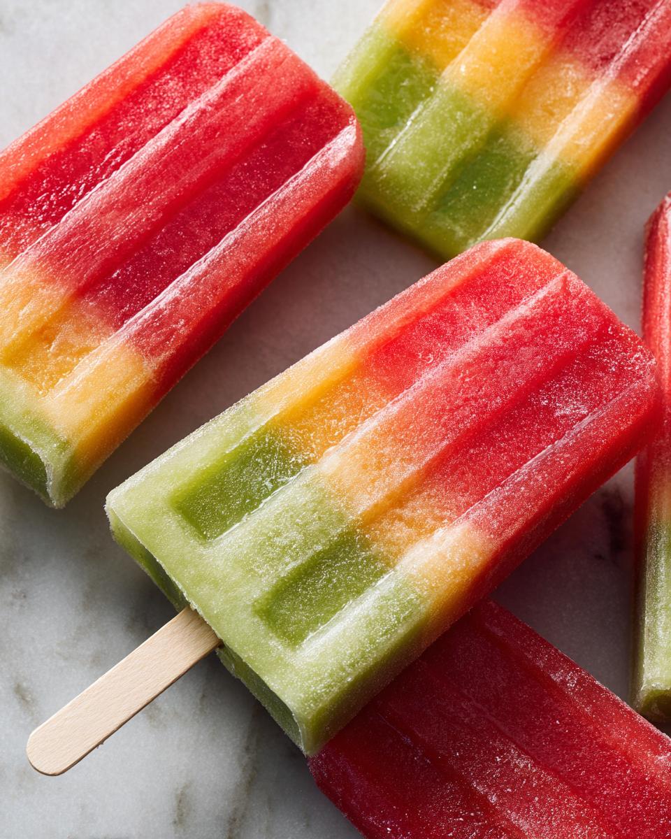 Close-up of layered watermelon, orange, and lime popsicles, perfect for kids' summer treats.