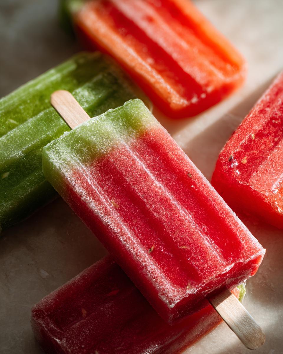 Close-up of colorful watermelon and green popsicles, perfect for watermelon recipes with coconut lime popsicles kids will love.