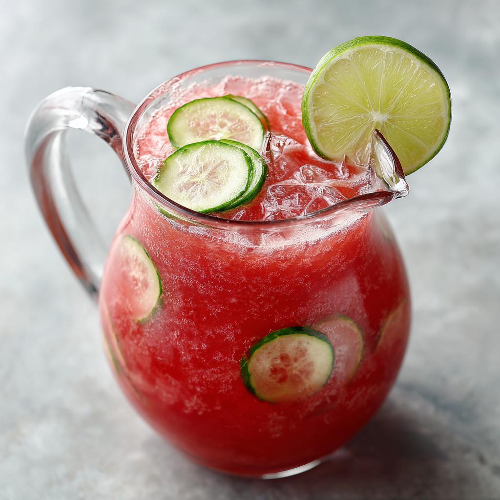 A pitcher filled with vibrant Watermelon Cucumber Agua Fresca, garnished with cucumber slices and a lime wedge.