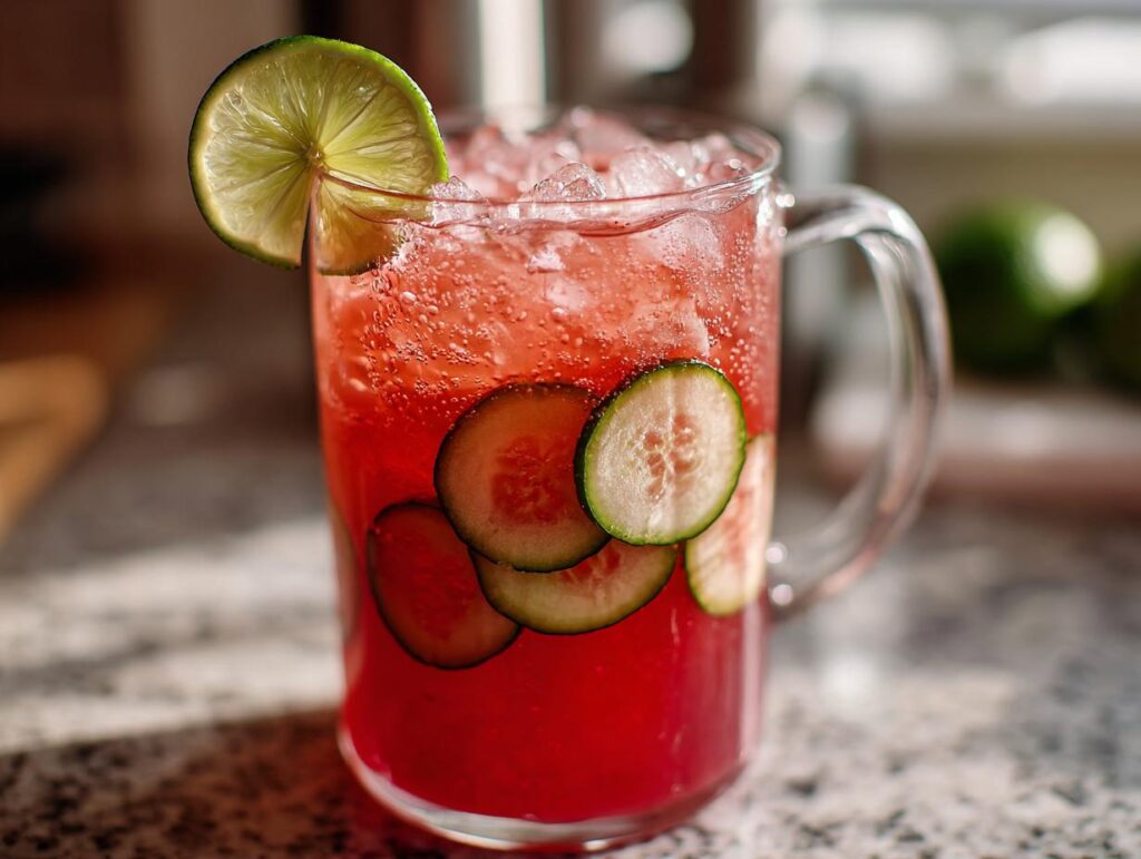 A glass pitcher filled with Watermelon Cucumber Agua Fresca, garnished with cucumber slices and a lime wedge.
