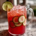 A glass pitcher filled with Watermelon Cucumber Agua Fresca, garnished with cucumber slices and a lime wedge.