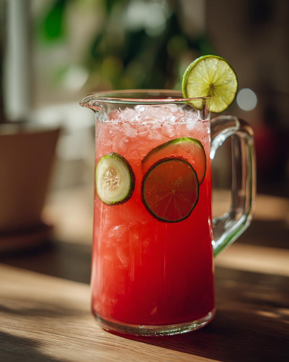 A pitcher filled with vibrant pink Watermelon Cucumber Agua Fresca, garnished with cucumber and lime slices, perfect for backyard parties.