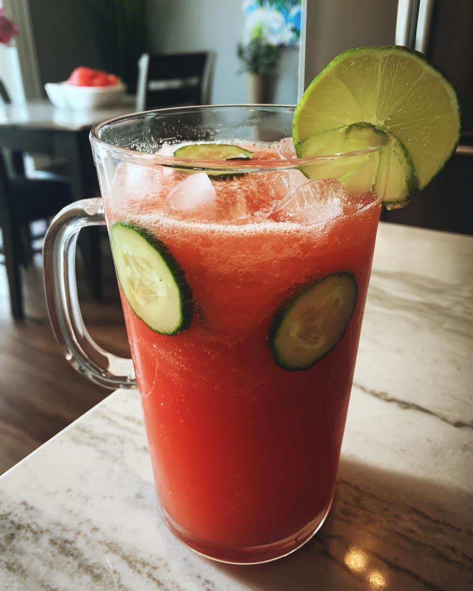 A clear pitcher filled with vibrant pink Watermelon Cucumber Agua Fresca, garnished with cucumber slices and a lime wedge.