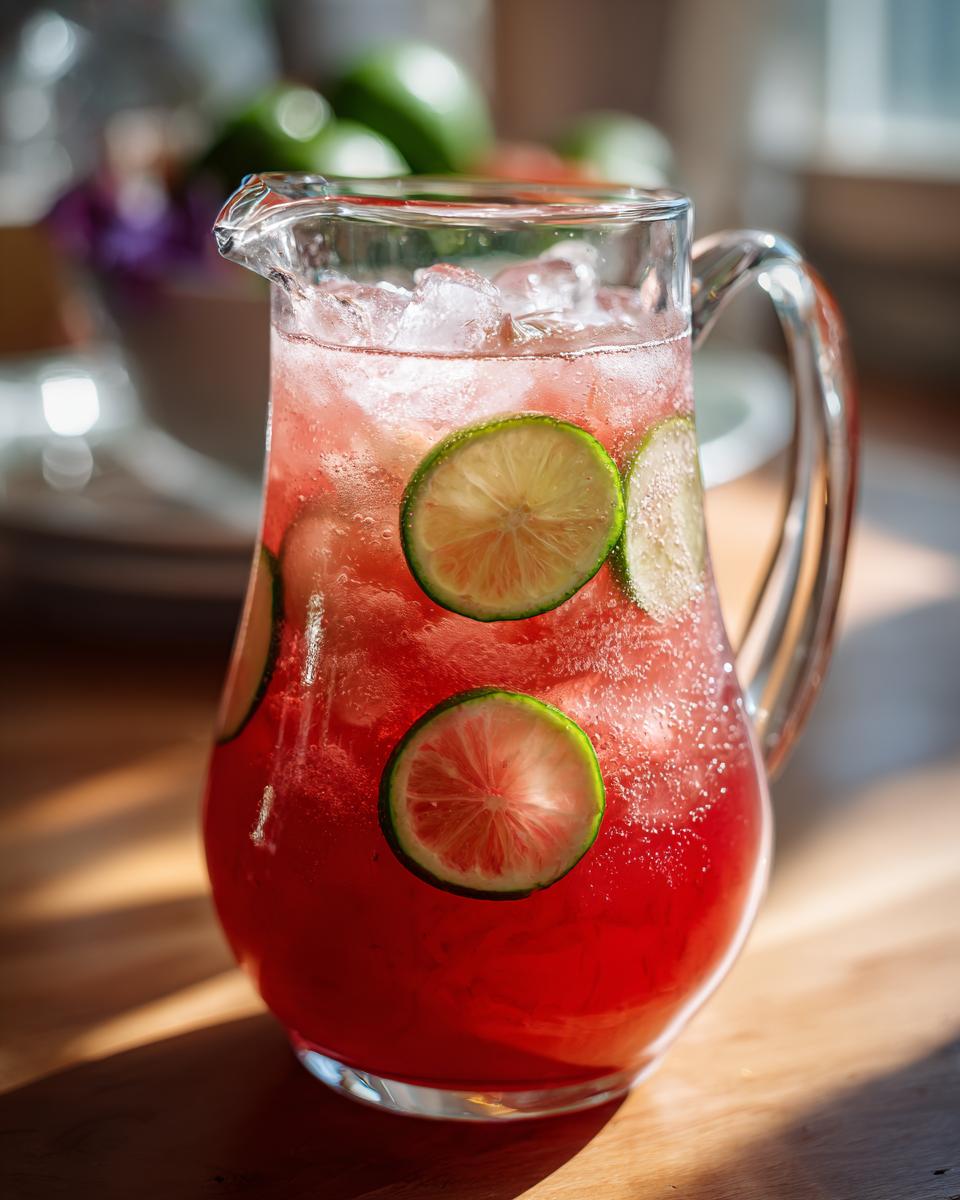 A pitcher filled with refreshing Watermelon Cucumber Agua Fresca, ice, and lime slices.
