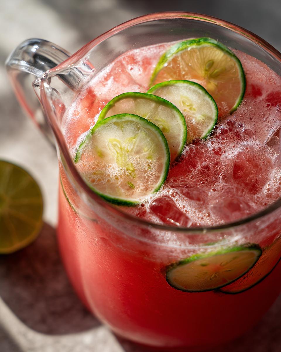 Close-up of a pitcher filled with Watermelon Cucumber Agua Fresca, garnished with cucumber slices and ice.
