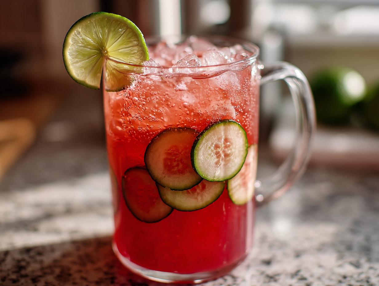 A glass pitcher filled with Watermelon Cucumber Agua Fresca, garnished with cucumber slices and a lime wedge.