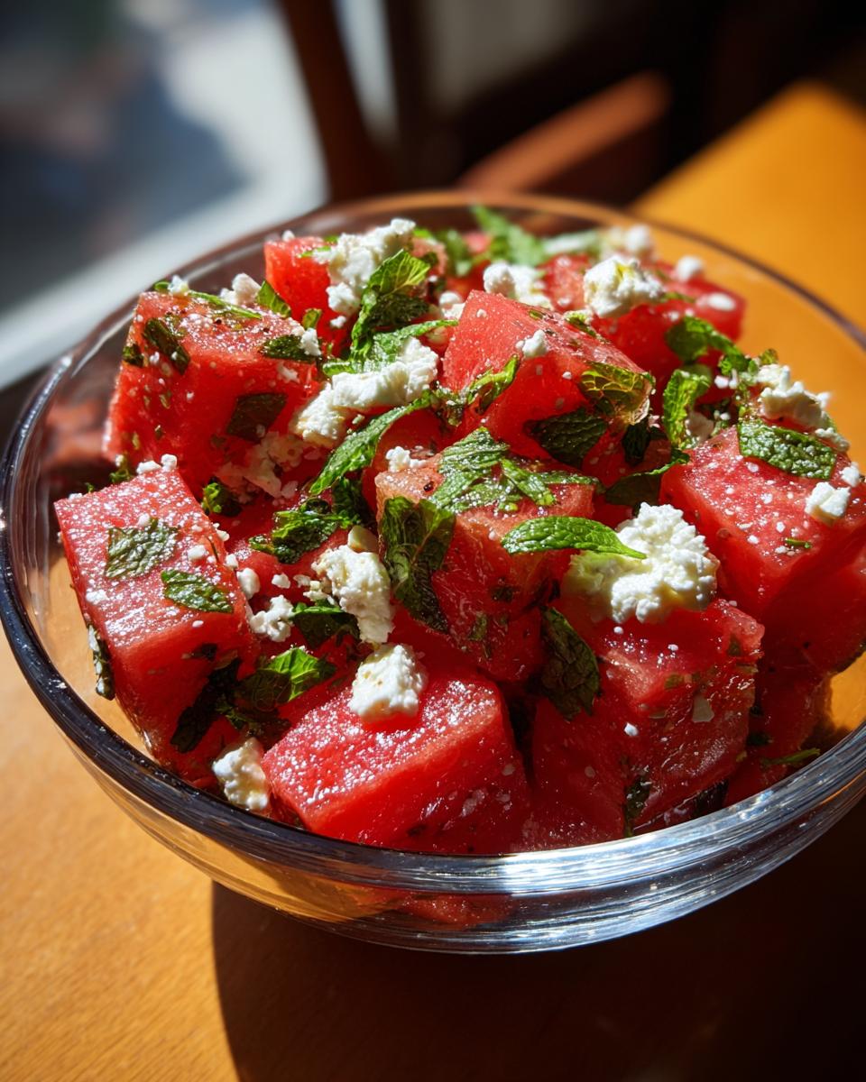 Close-up of a refreshing watermelon recipe with feta cheese and mint in a glass bowl.