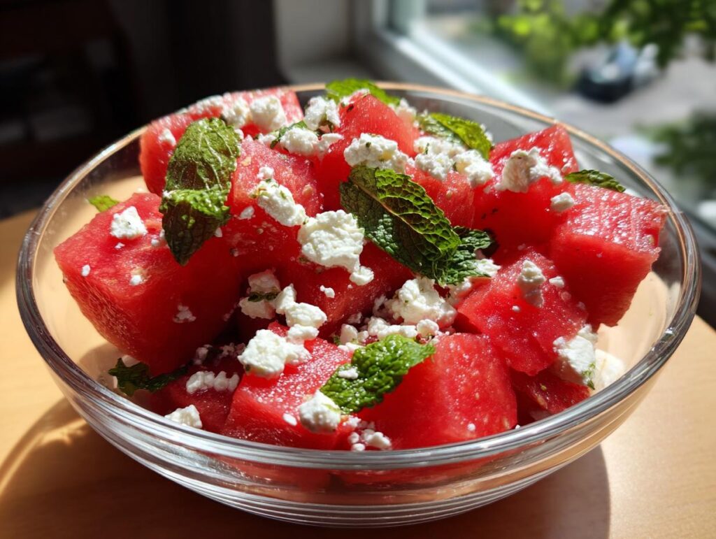 Close-up of a clear bowl filled with cubed watermelon, crumbled feta cheese, and fresh mint leaves, perfect for watermelon recipes.