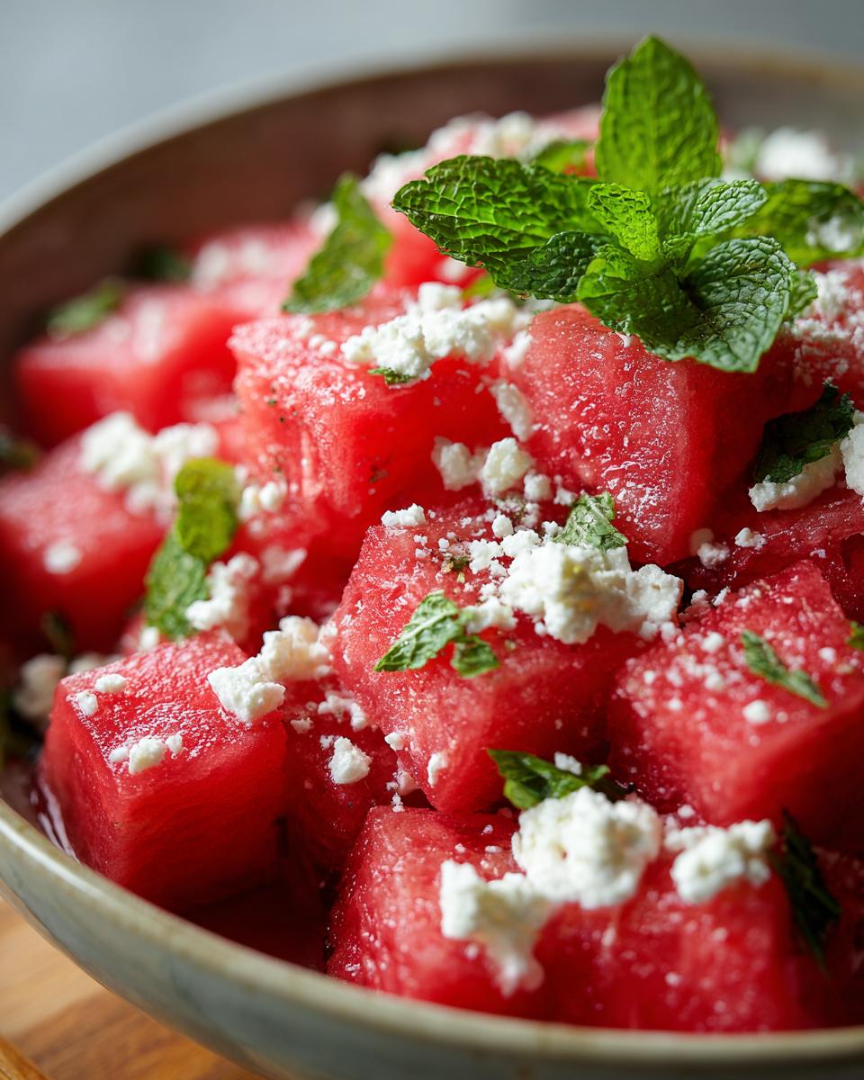 Close-up of a refreshing watermelon salad with crumbled feta cheese and fresh mint leaves.