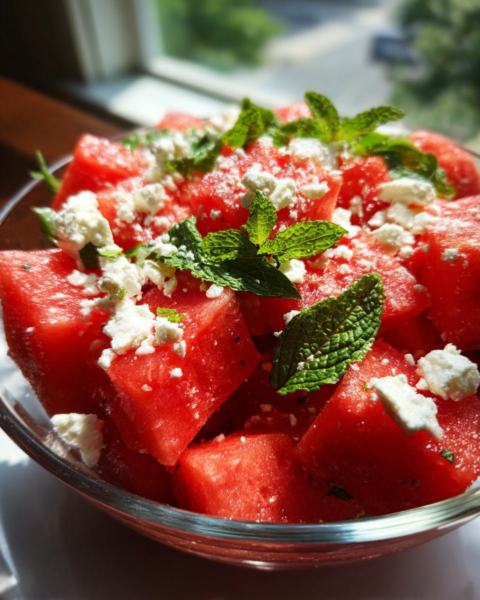Close-up of a refreshing watermelon feta mint salad in a glass bowl, perfect for hot summer days.