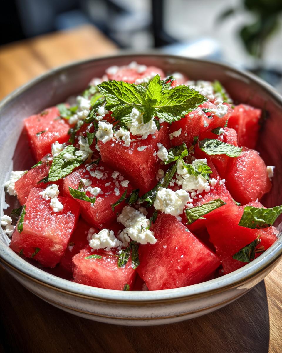Refreshing watermelon salad with feta cheese and fresh mint leaves, perfect for hot summer days.