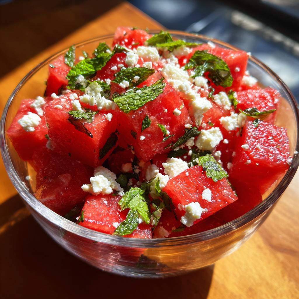 Close-up of a glass bowl filled with cubed watermelon, crumbled feta cheese, and fresh mint leaves, perfect for watermelon recipes.