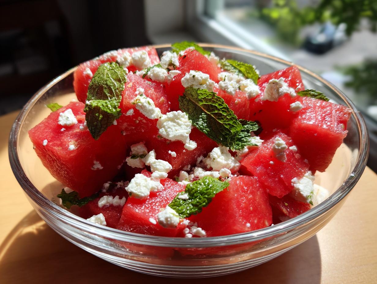 Close-up of a clear bowl filled with cubed watermelon, crumbled feta cheese, and fresh mint leaves, perfect for watermelon recipes.
