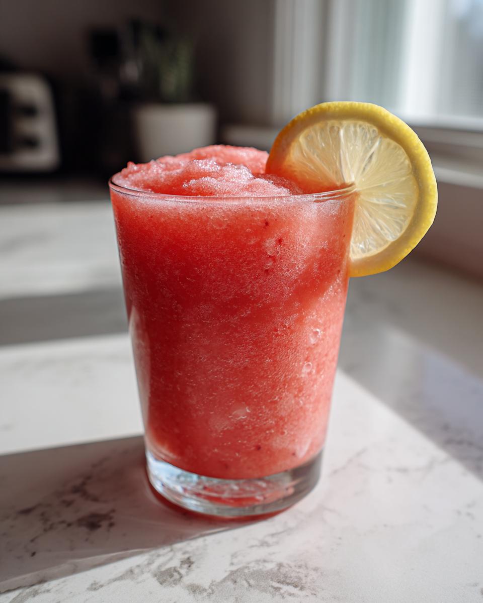 A close-up of a frosty watermelon drink with a lemon slice garnish, perfect for watermelon recipes with frozen lemonade.