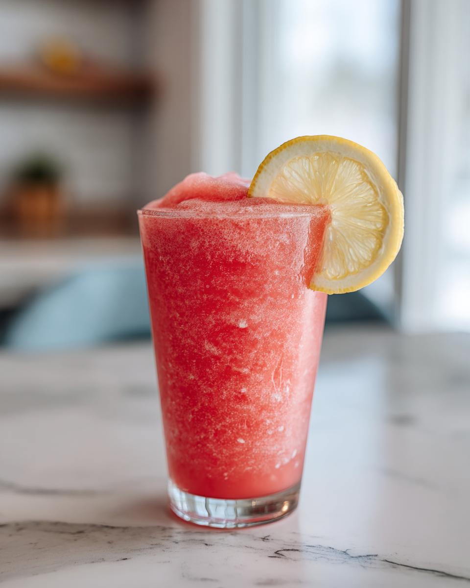 A tall glass filled with a frosty, pink watermelon and frozen lemonade mixture, garnished with a lemon slice.
