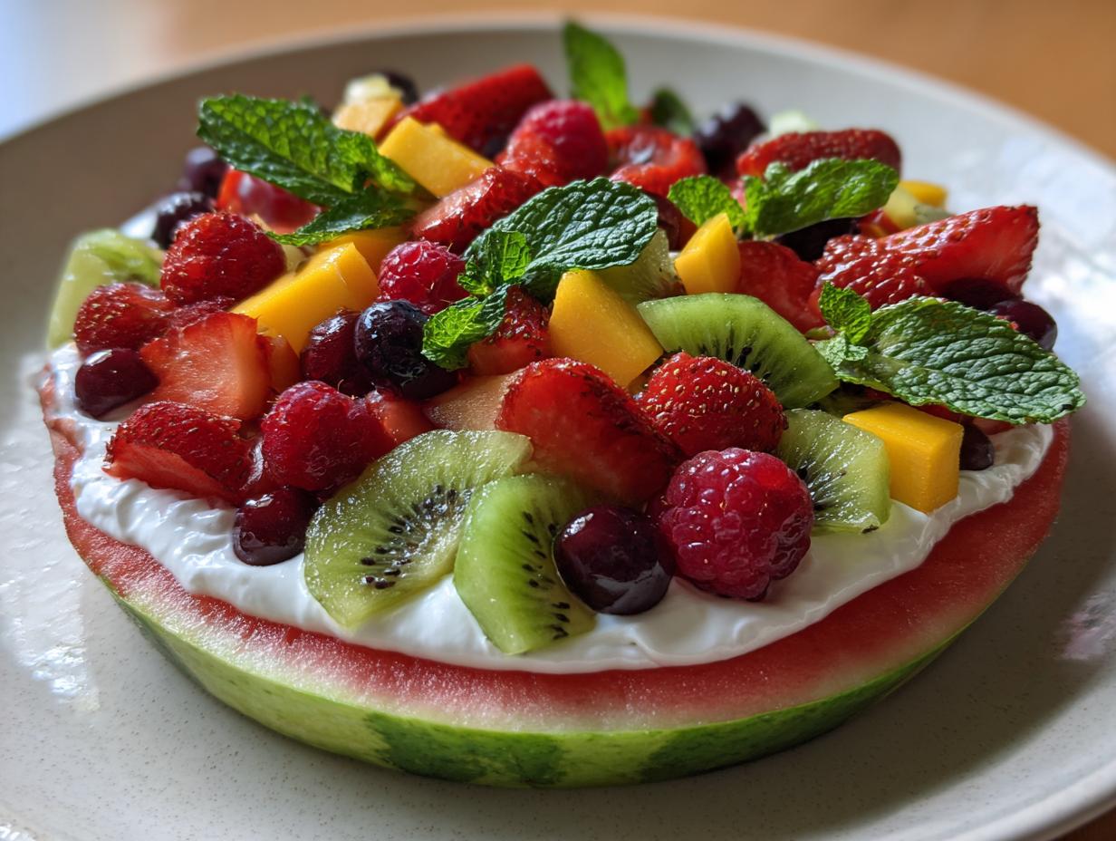 A refreshing Watermelon Fruit Pizza topped with cream, strawberries, kiwi, mango, raspberries, and mint.
