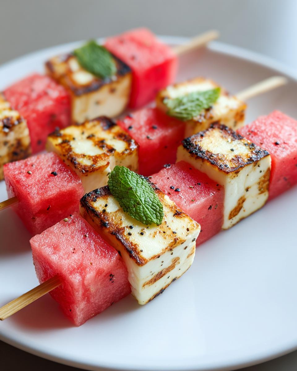 Close-up of grilled watermelon and halloumi cheese skewers with mint leaves, seasoned with black pepper.