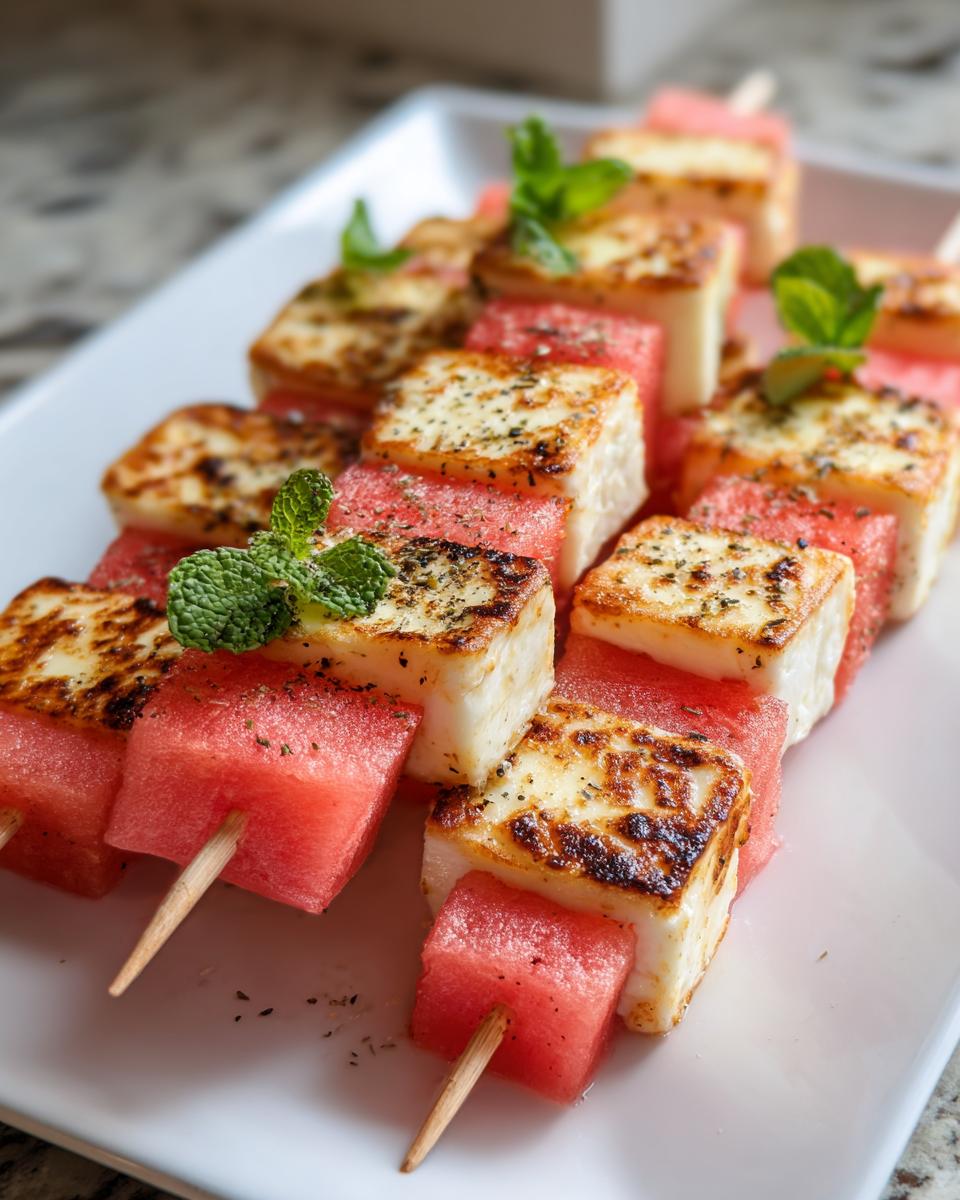 Close-up of grilled watermelon skewers with cubes of halloumi cheese and fresh mint leaves.