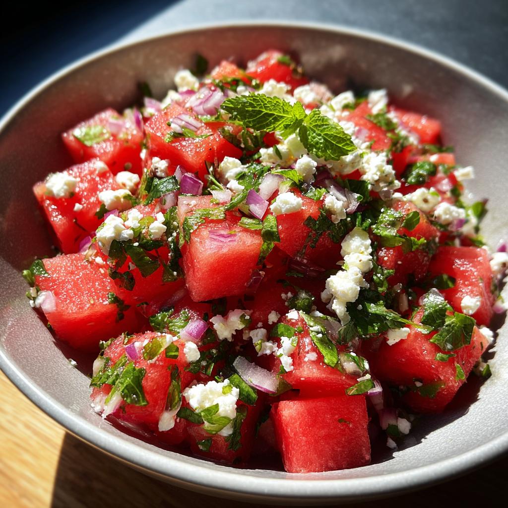 Close-up of a vibrant summer salad with cubed watermelon, crumbled feta cheese, fresh mint, and red onion.