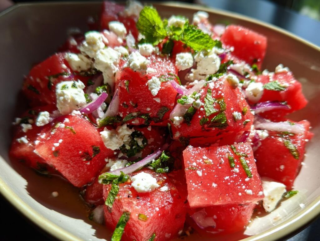 Refreshing summer salad with cubed watermelon, crumbled feta cheese, red onion, and fresh mint.
