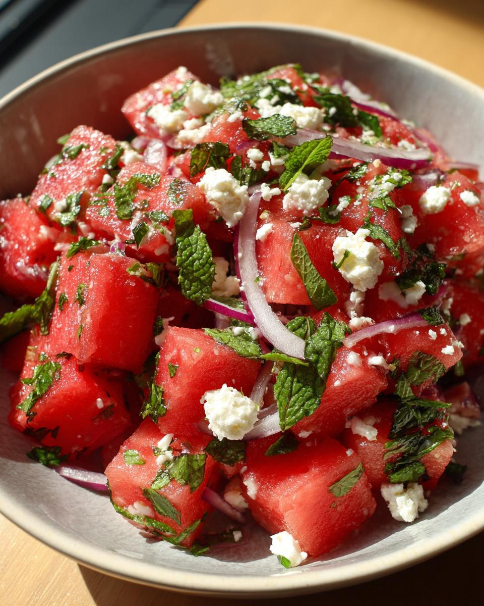 Close-up of a summer salad with cubed watermelon, crumbled feta cheese, fresh mint leaves, and red onion.