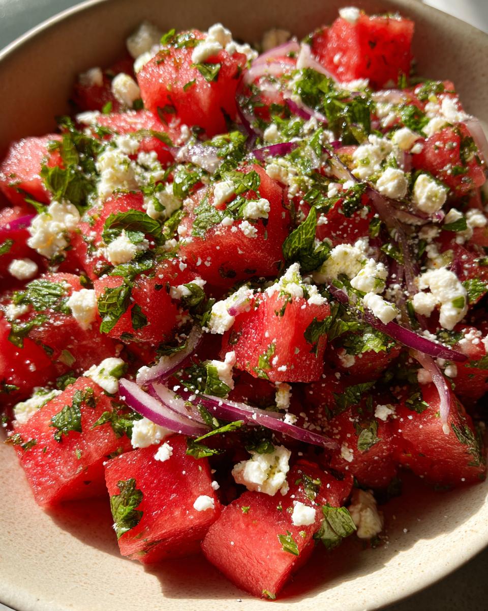 Close-up of a summer salad with cubed watermelon, crumbled feta cheese, fresh mint, and red onion.