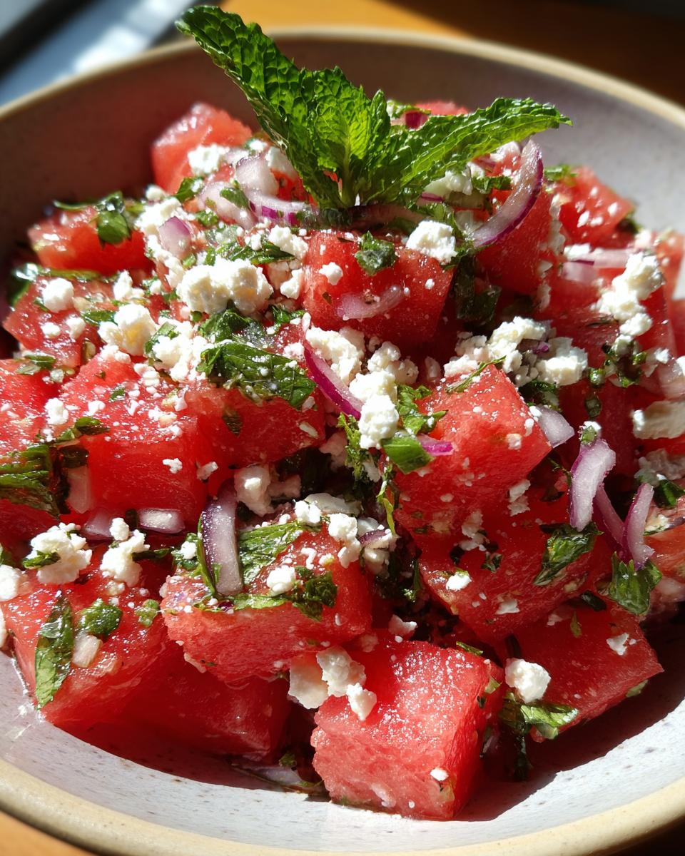 Close-up of a refreshing summer salad with cubed watermelon, crumbled feta, red onion, and fresh mint.