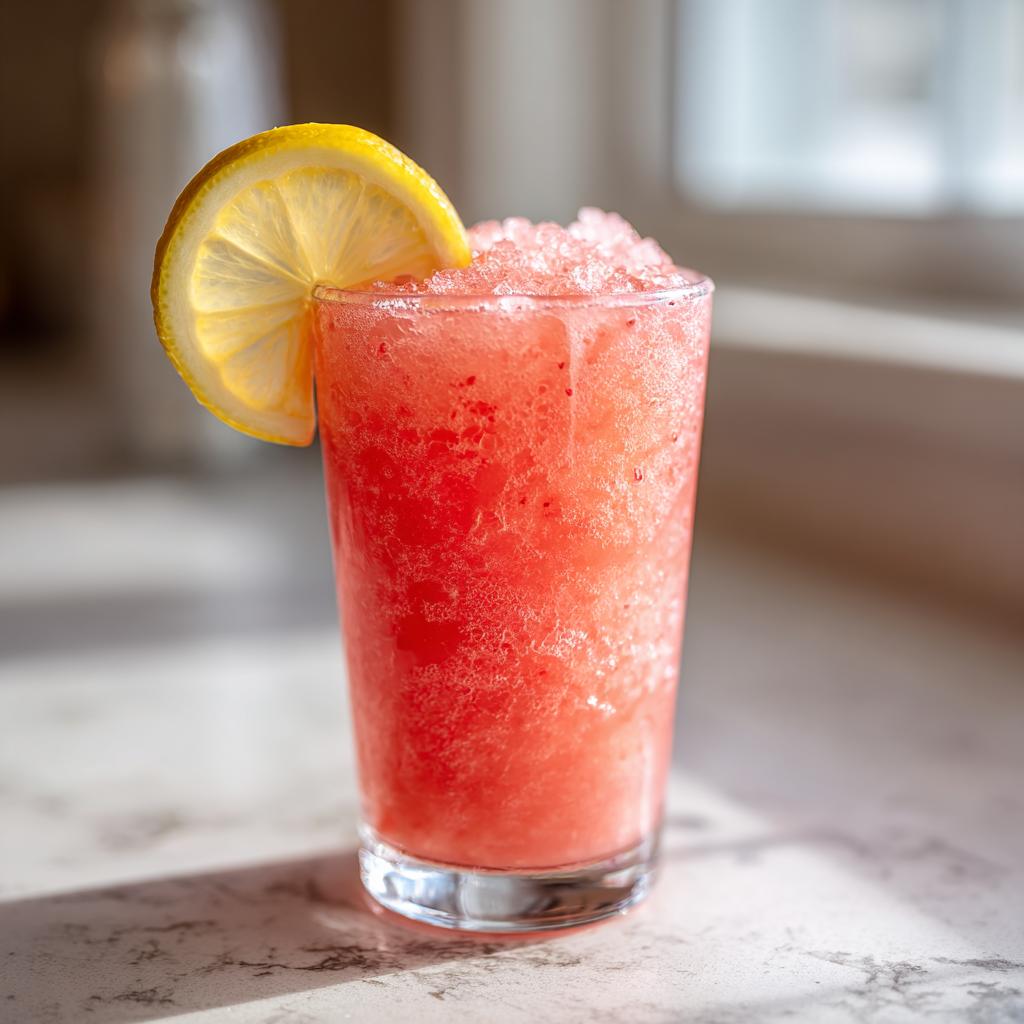A tall glass filled with a frosty watermelon and frozen lemonade slush, garnished with a lemon slice.