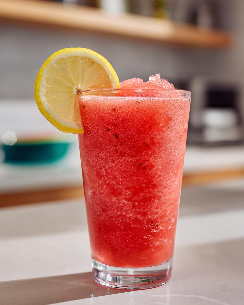 A tall glass filled with a vibrant pink, icy watermelon and frozen lemonade slush, garnished with a lemon slice.
