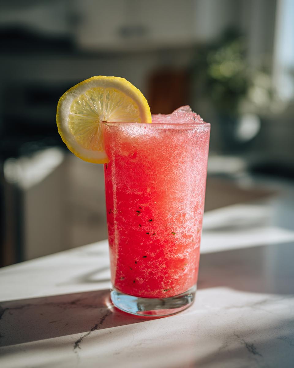 A tall glass filled with a vibrant pink watermelon and frozen lemonade slush, garnished with a lemon slice.