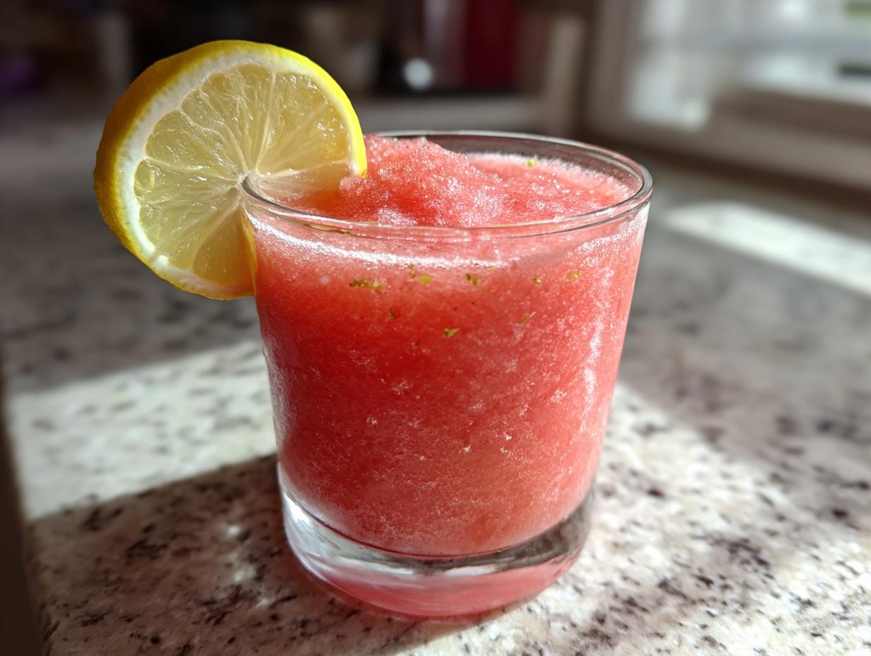 A close-up of a glass filled with a frosty watermelon and frozen lemonade drink, garnished with a lemon slice.